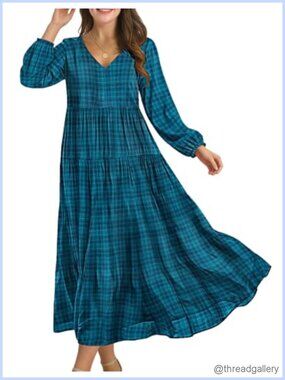 Women Maxi Dress Long Lantern Sleeve Cotton Rayon Floral Casual